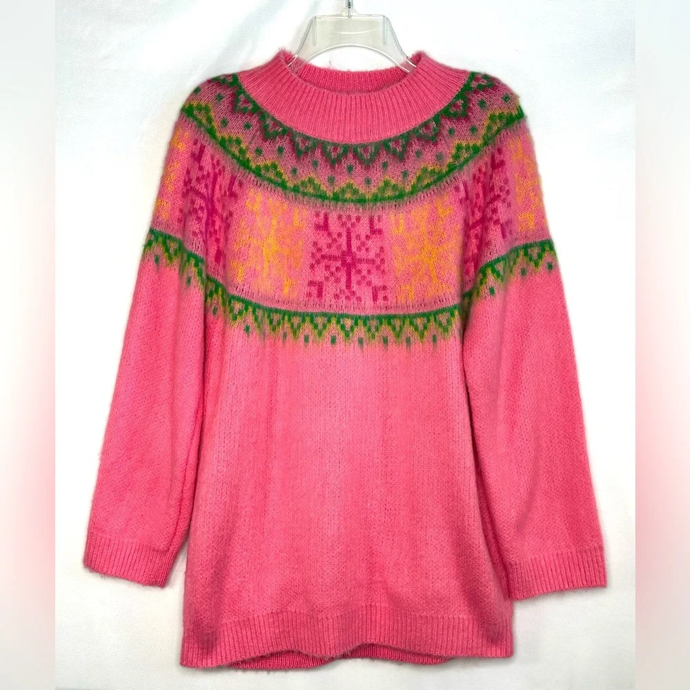 Cotton On Crew Neck Sweater Fair Isle Print Pink Green Boho Barbie Coquette Sz L - Picture 1 of 7